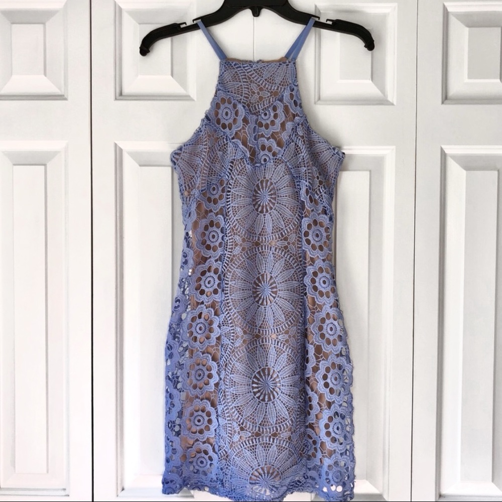 Blue High Neck Lace Dress